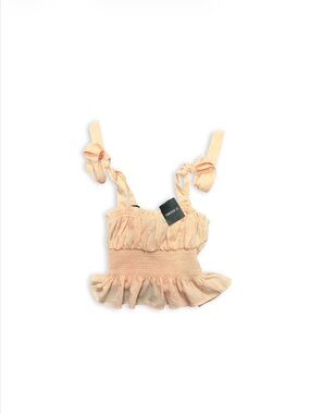 NWT FOREVER 21 Smocked Square Neck Tie Strap Ruffle Hem Crop Cami Top Pink S